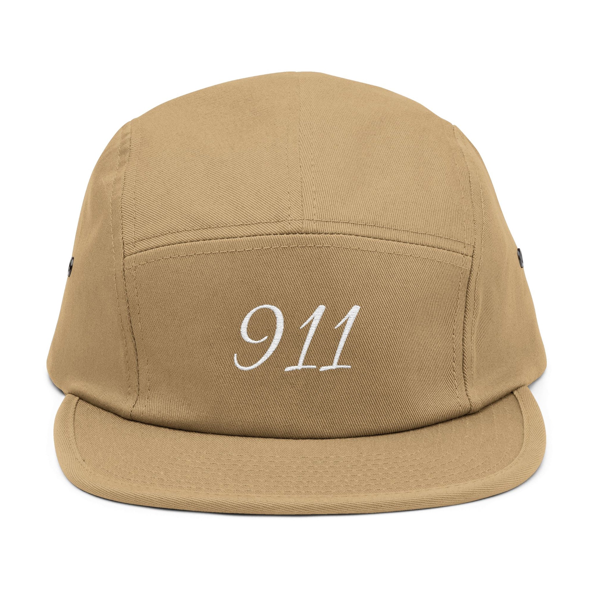 Embroidered 911 5-Panel Cap — Vintage Khaki Dad Hat with Script Back