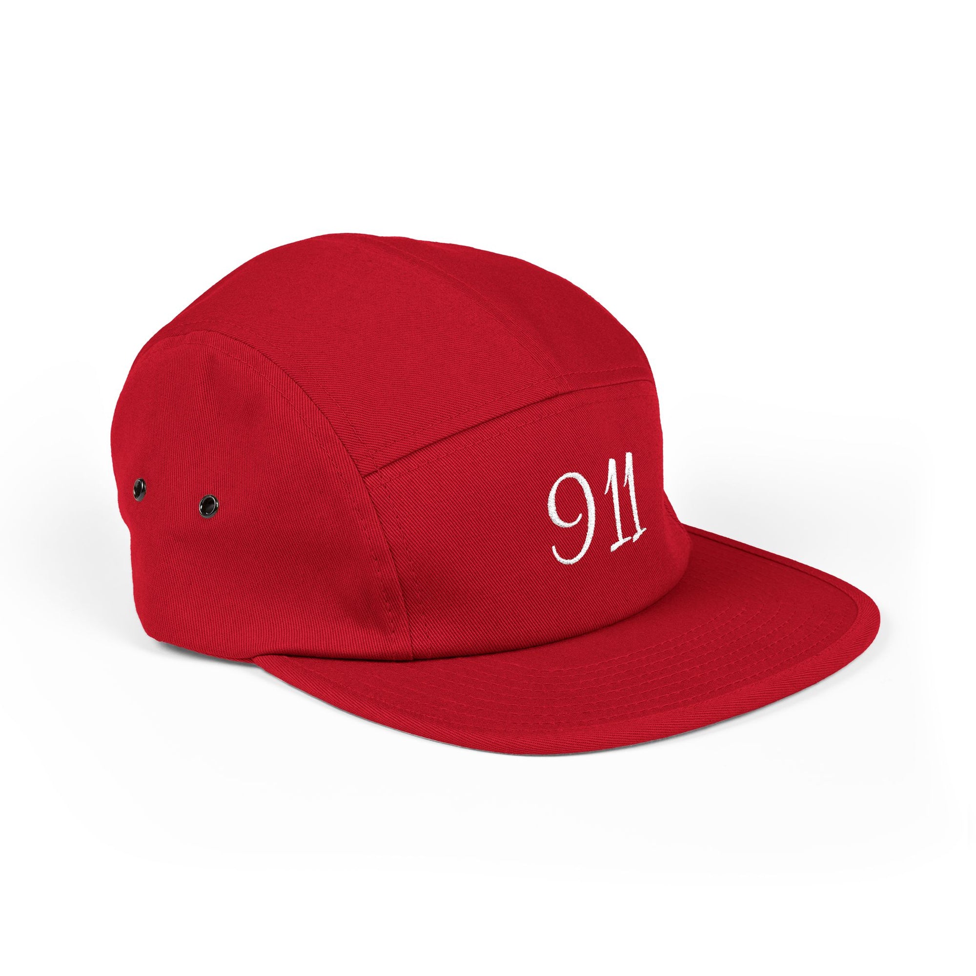 Embroidered 911 5-Panel Cap — Vintage Khaki Dad Hat with Script Back