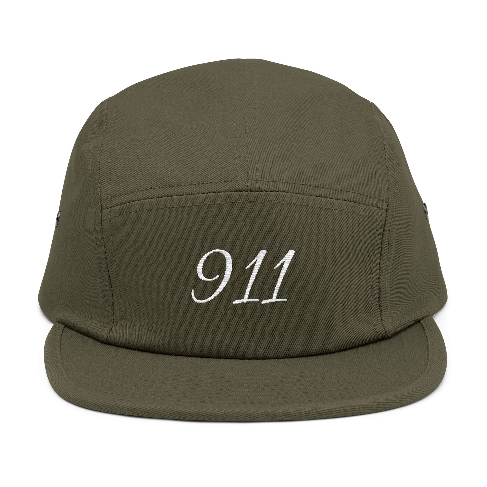 Embroidered 911 5-Panel Cap — Vintage Khaki Dad Hat with Script Back