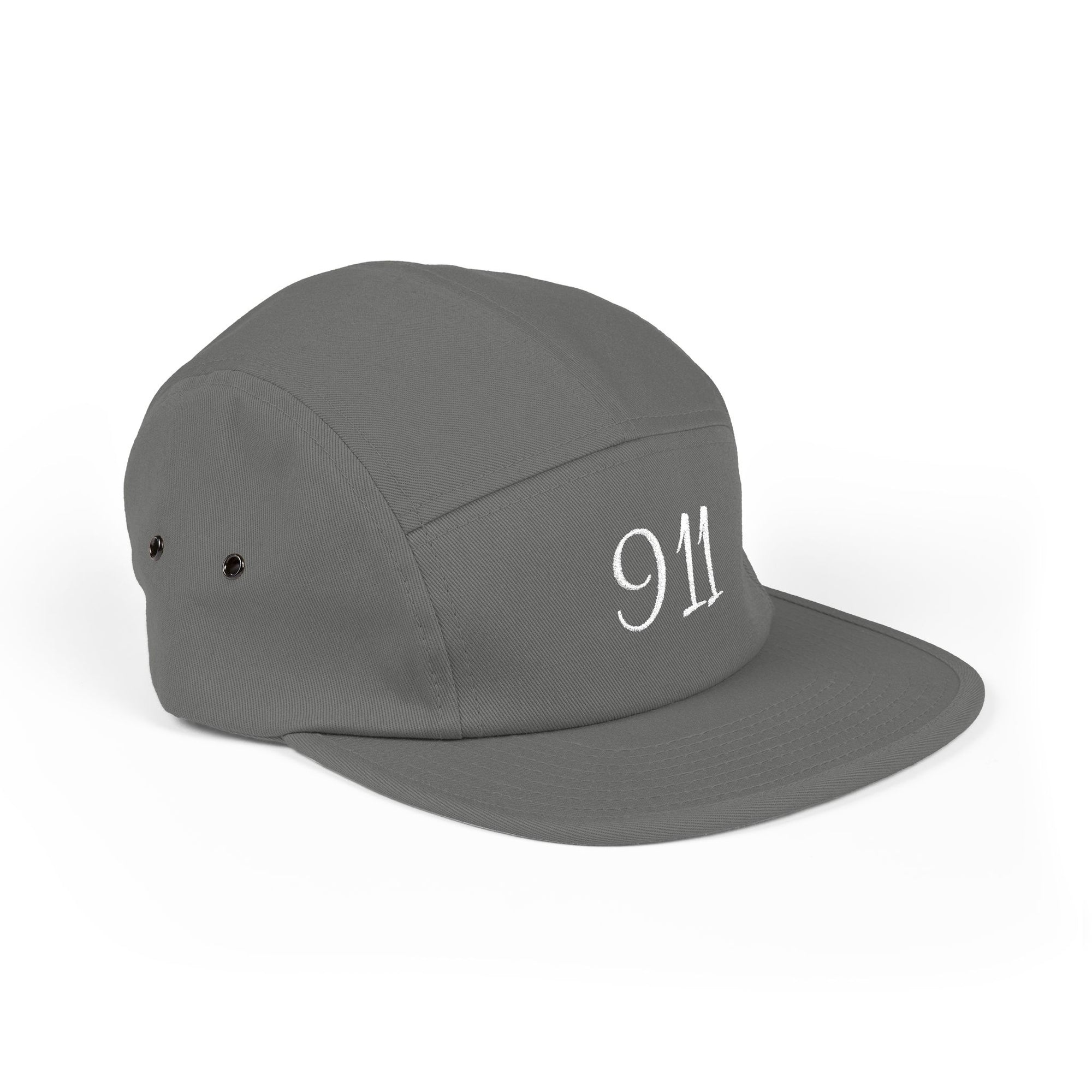 Embroidered 911 5-Panel Cap — Vintage Khaki Dad Hat with Script Back