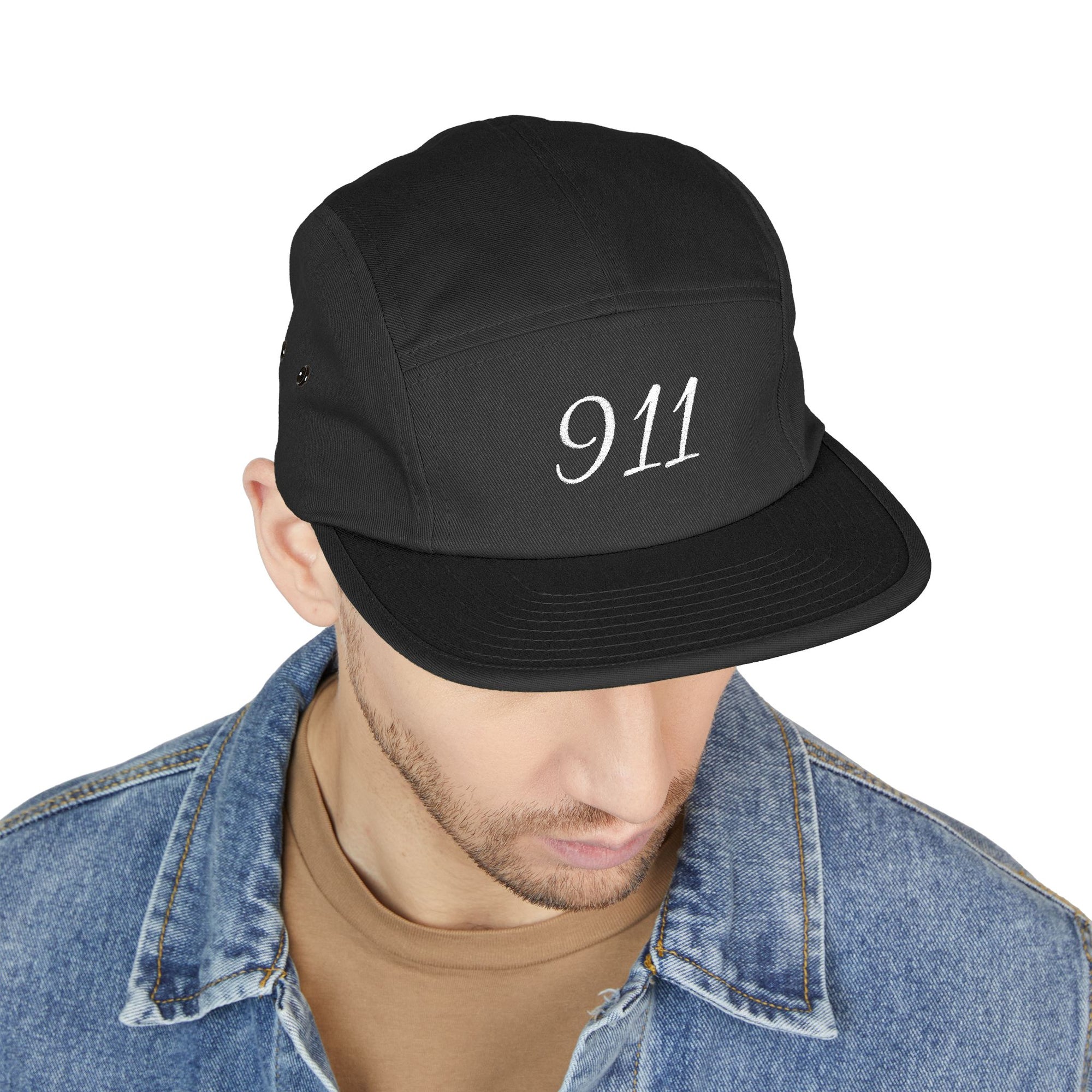 Embroidered 911 5-Panel Cap — Vintage Khaki Dad Hat with Script Back