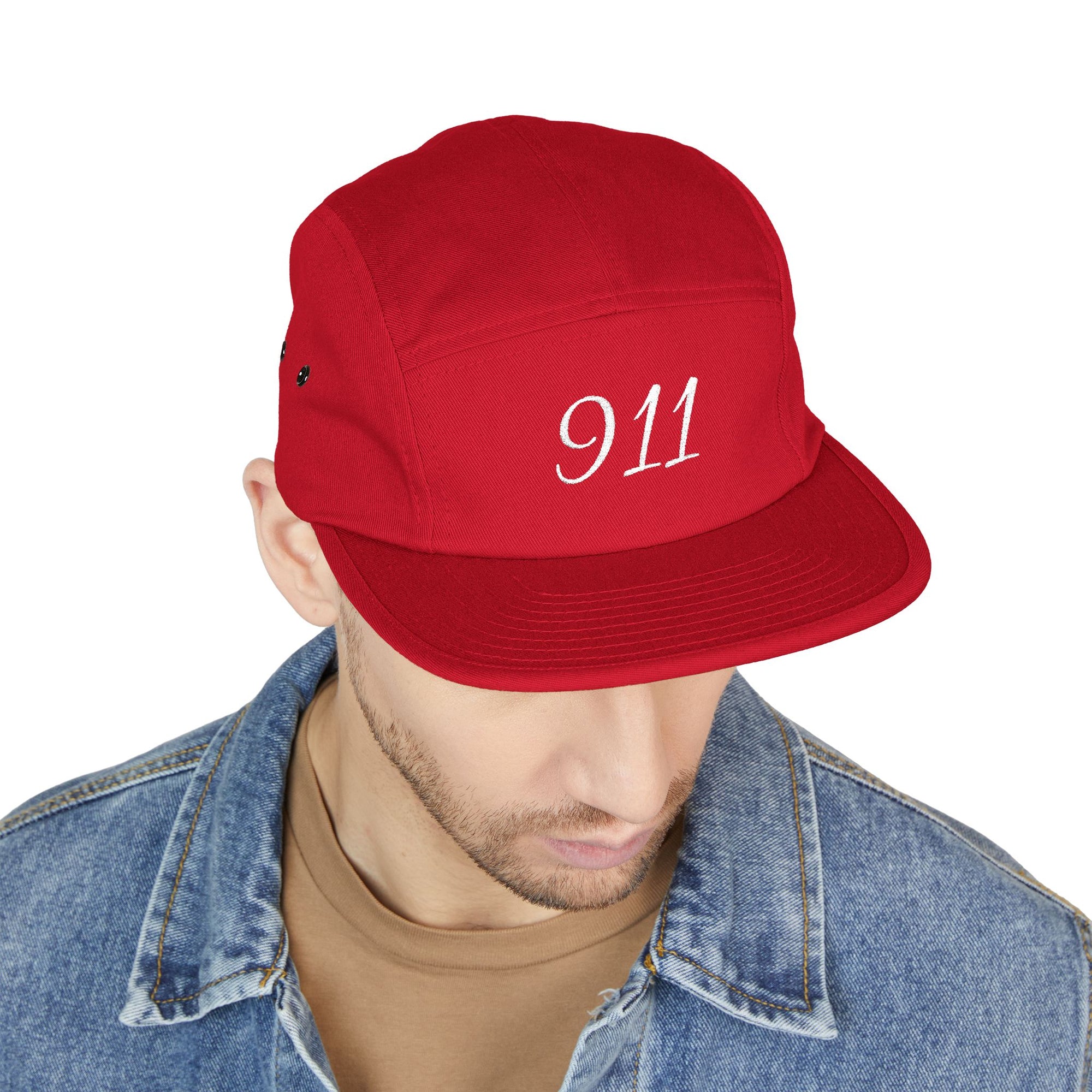 Embroidered 911 5-Panel Cap — Vintage Khaki Dad Hat with Script Back