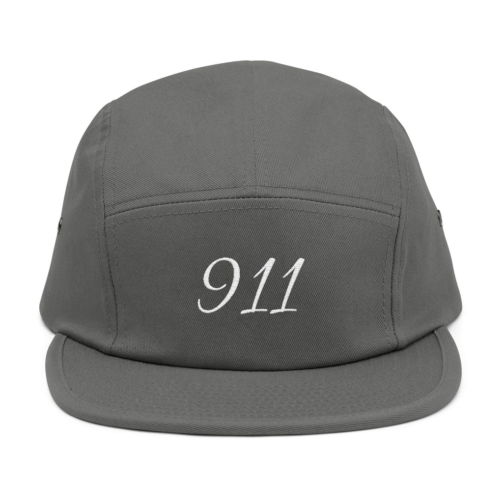 Embroidered 911 5-Panel Cap — Vintage Khaki Dad Hat with Script Back