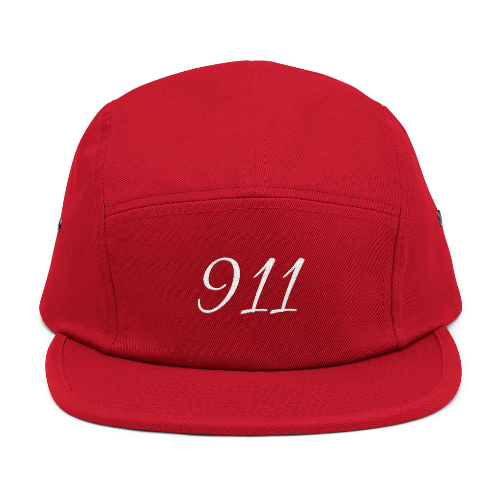 Embroidered 911 5-Panel Cap — Vintage Khaki Dad Hat with Script Back
