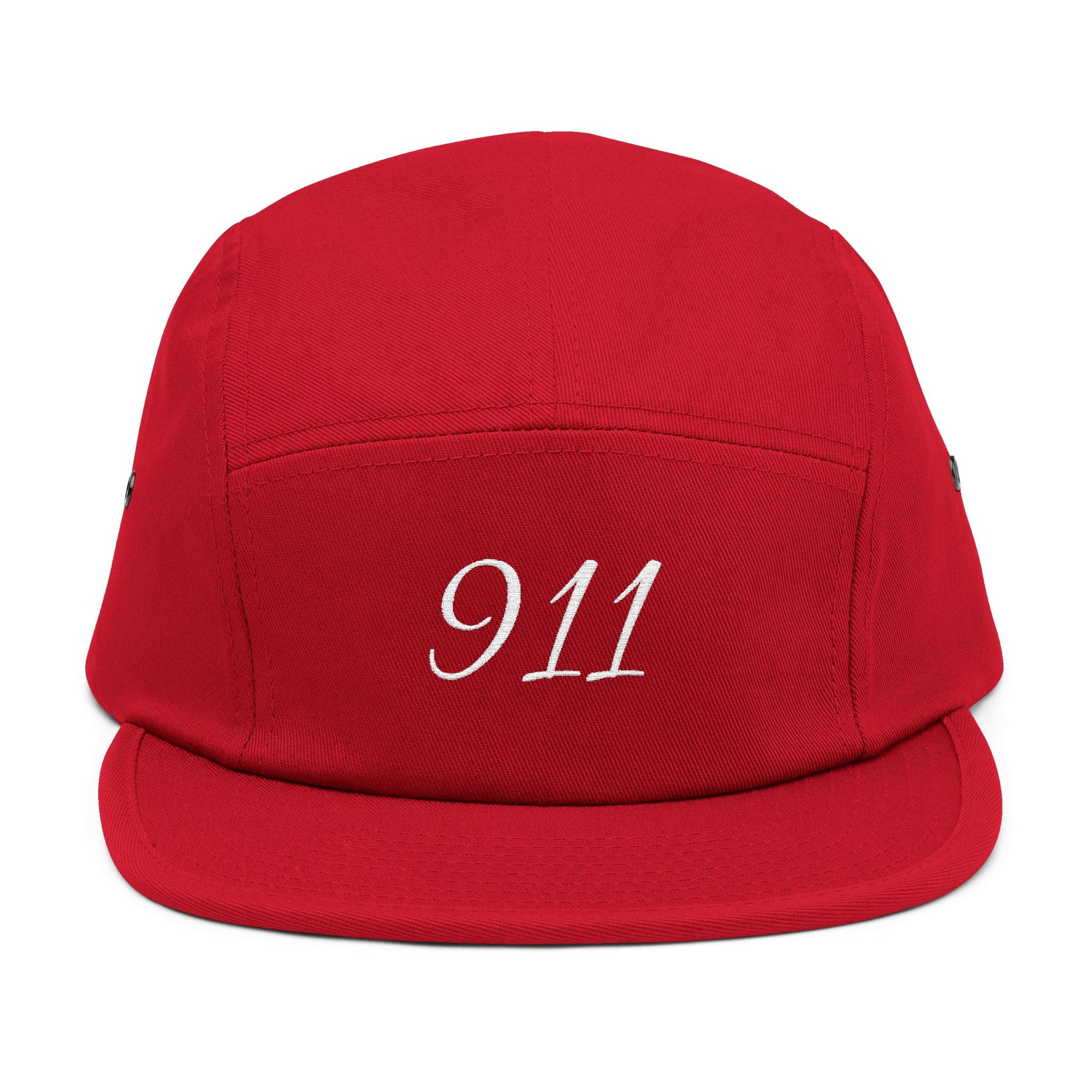 Embroidered 911 5-Panel Cap — Vintage Khaki Dad Hat with Script Back