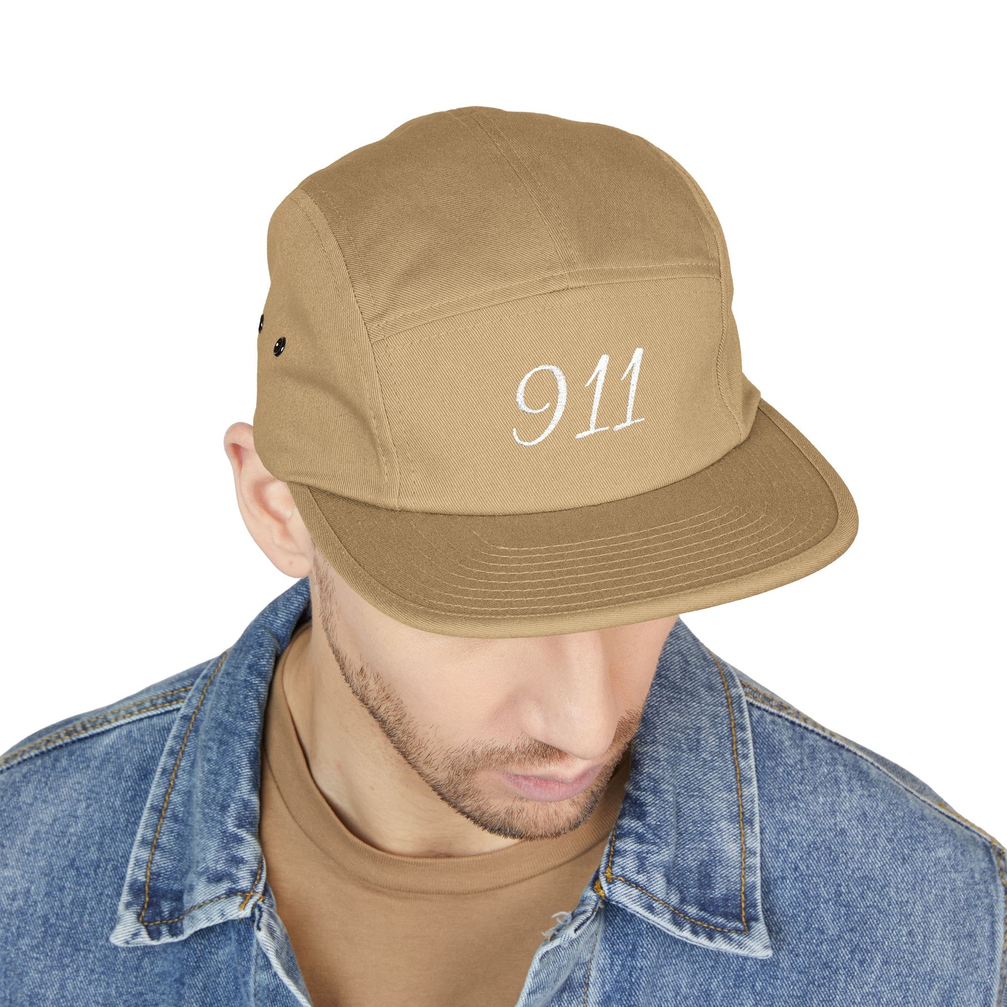 Embroidered 911 5-Panel Cap — Vintage Khaki Dad Hat with Script Back