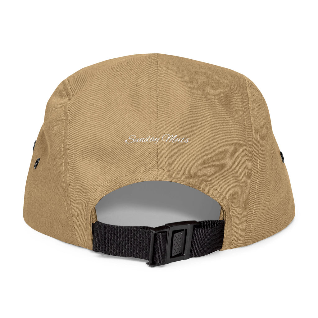 Embroidered 911 5-Panel Cap — Vintage Khaki Dad Hat with Script Back
