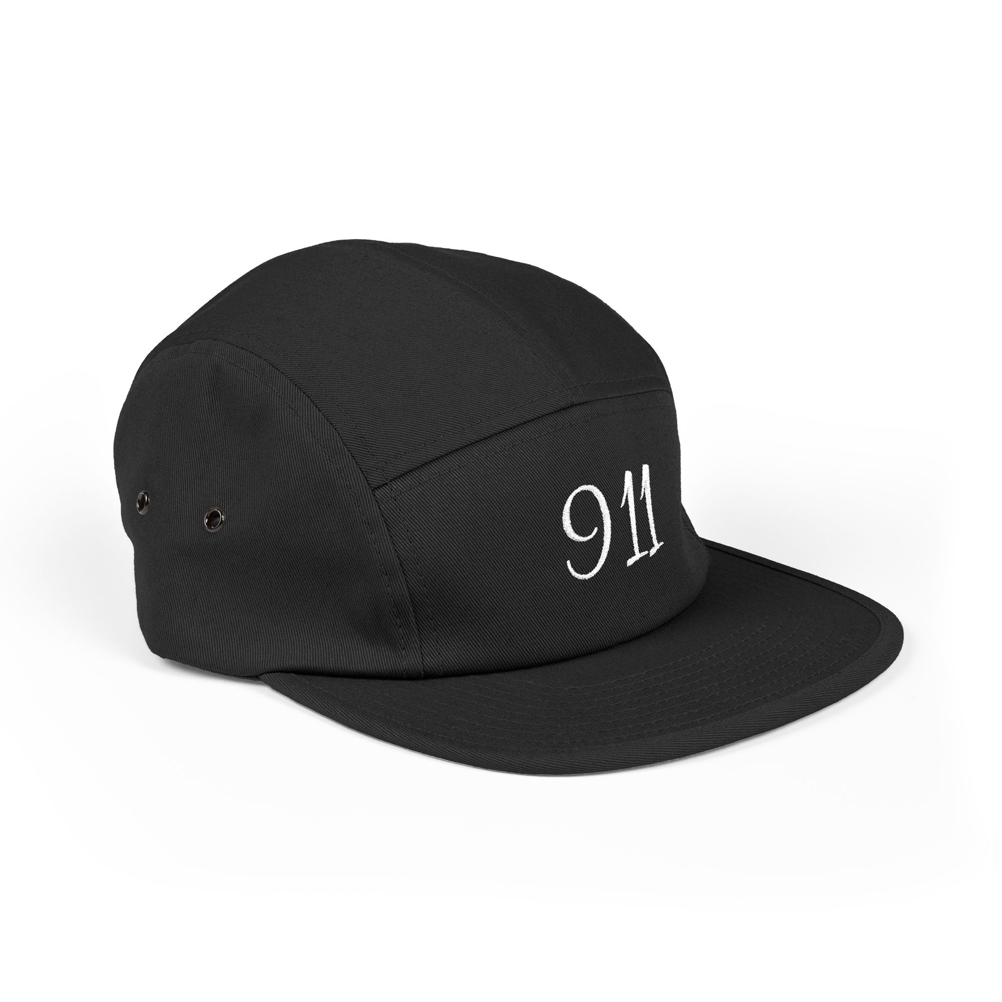 Embroidered 911 5-Panel Cap — Vintage Khaki Dad Hat with Script Back