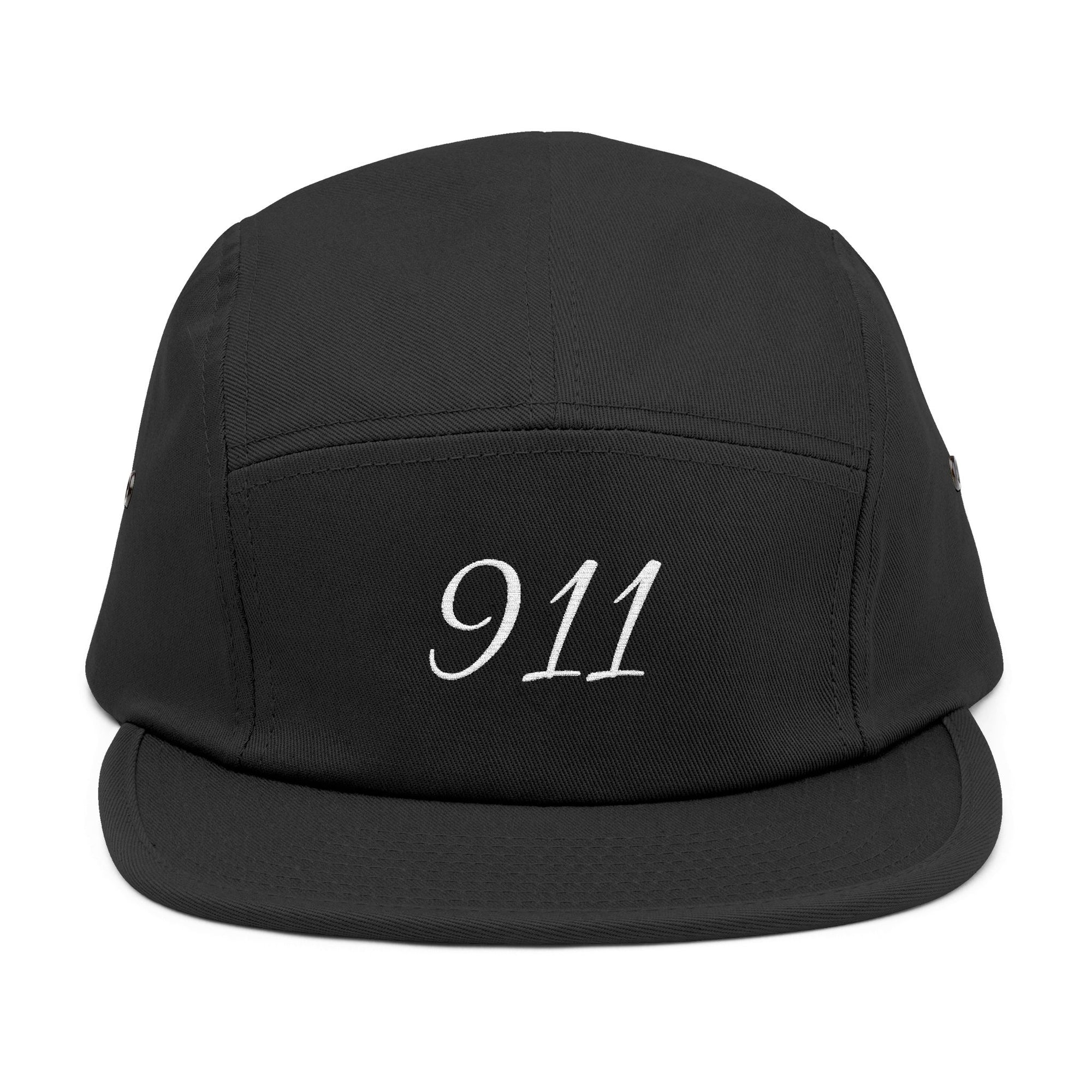 Embroidered 911 5-Panel Cap — Vintage Khaki Dad Hat with Script Back