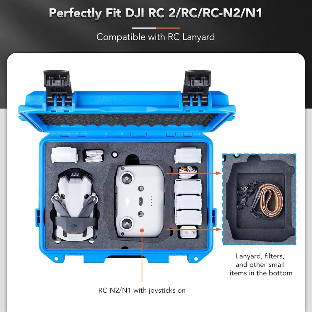 Lykus Titan MM410 Waterproof Hard Case for DJI Mini 4 Pro/Mini 3/Pro and RC2/RC/RC-N2/N1, Blue with Shoulder Strap, Support 7 batteries and RC lanyard [CASE ONLY]
