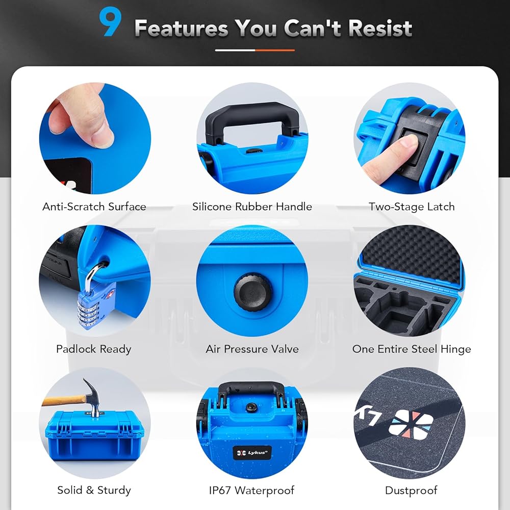 Lykus Titan MM410 Waterproof Hard Case for DJI Mini 4 Pro/Mini 3/Pro and RC2/RC/RC-N2/N1, Blue with Shoulder Strap, Support 7 batteries and RC lanyard [CASE ONLY]