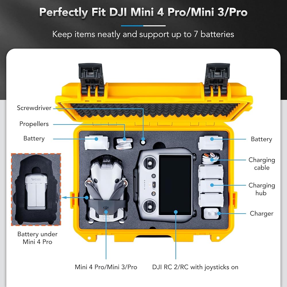 Lykus Titan MM410 Waterproof Hard Case  for DJI Mini 4 Pro/Mini 3/Pro and DJI RC 2/RC/RC-N2/N1, Support 7 batteries and RC lanyard [CASE ONLY]