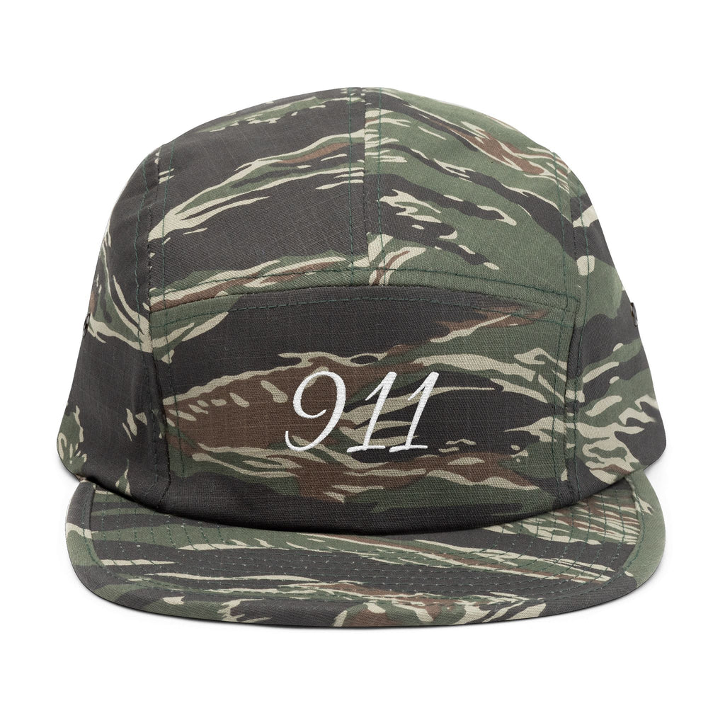Embroidered 911 5-Panel Cap — Vintage Khaki Dad Hat with Script Back