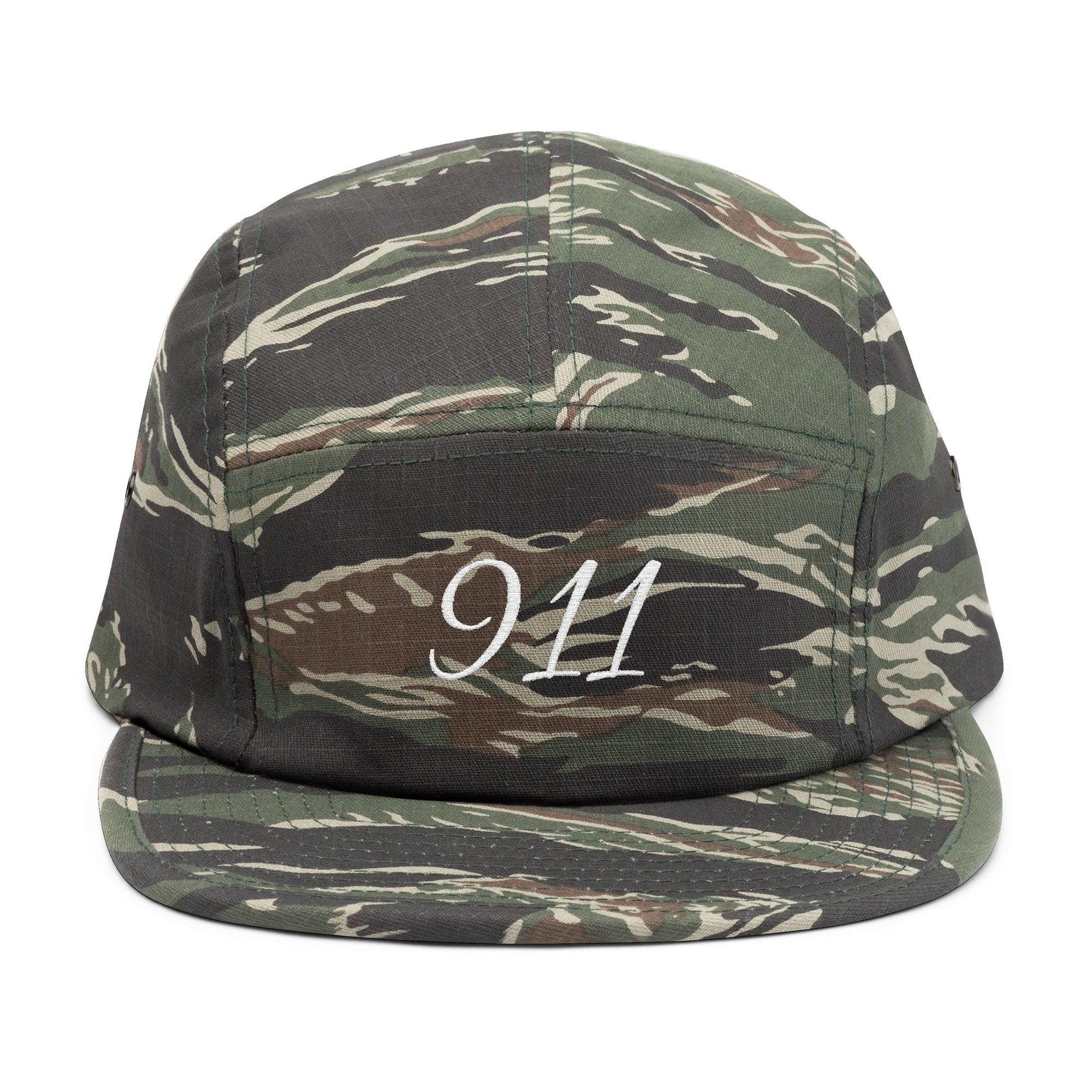Embroidered 911 5-Panel Cap — Vintage Khaki Dad Hat with Script Back