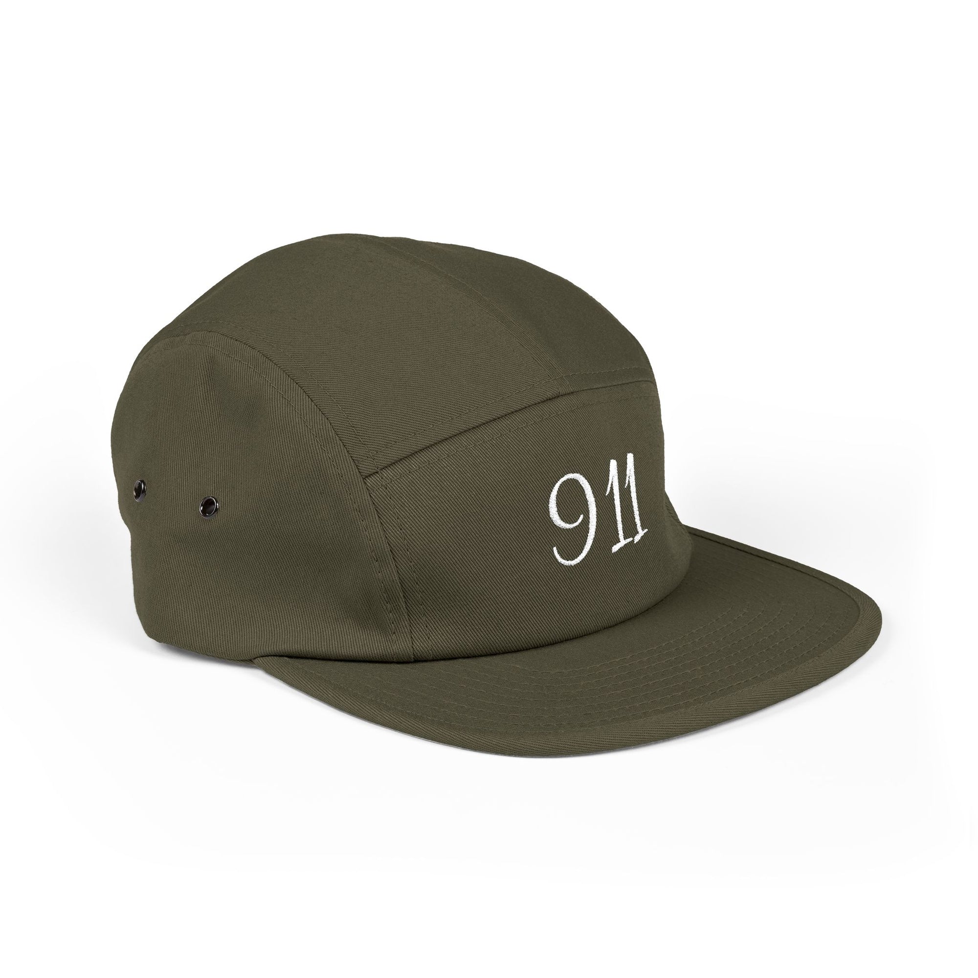 Embroidered 911 5-Panel Cap — Vintage Khaki Dad Hat with Script Back