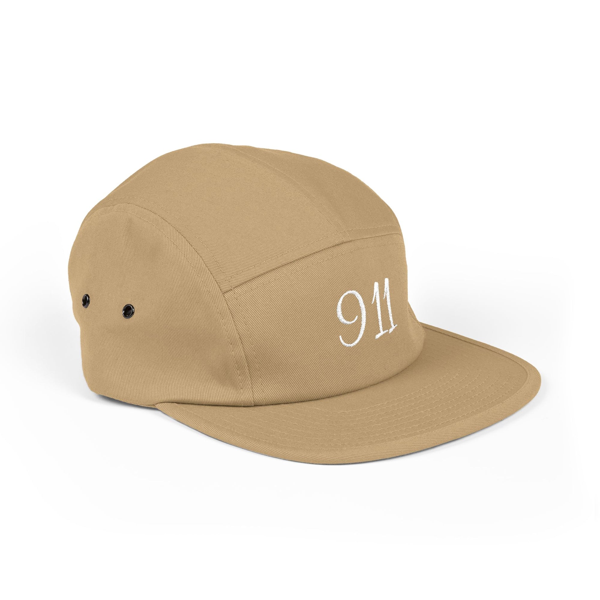 Embroidered 911 5-Panel Cap — Vintage Khaki Dad Hat with Script Back
