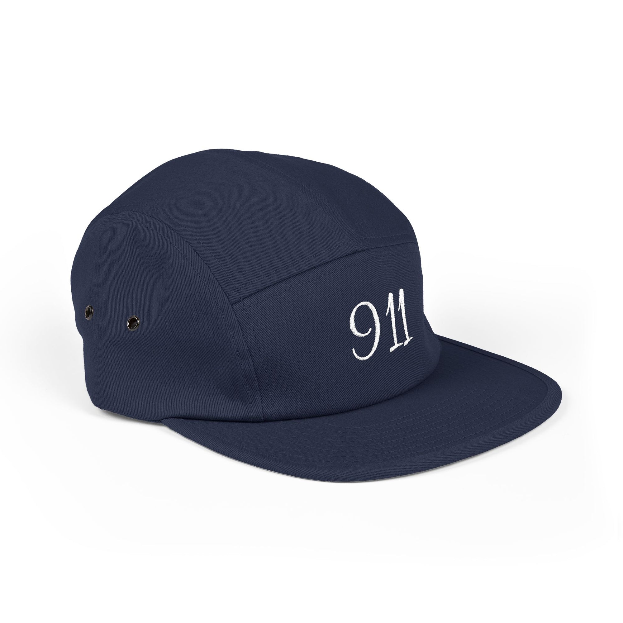 Embroidered 911 5-Panel Cap — Vintage Khaki Dad Hat with Script Back