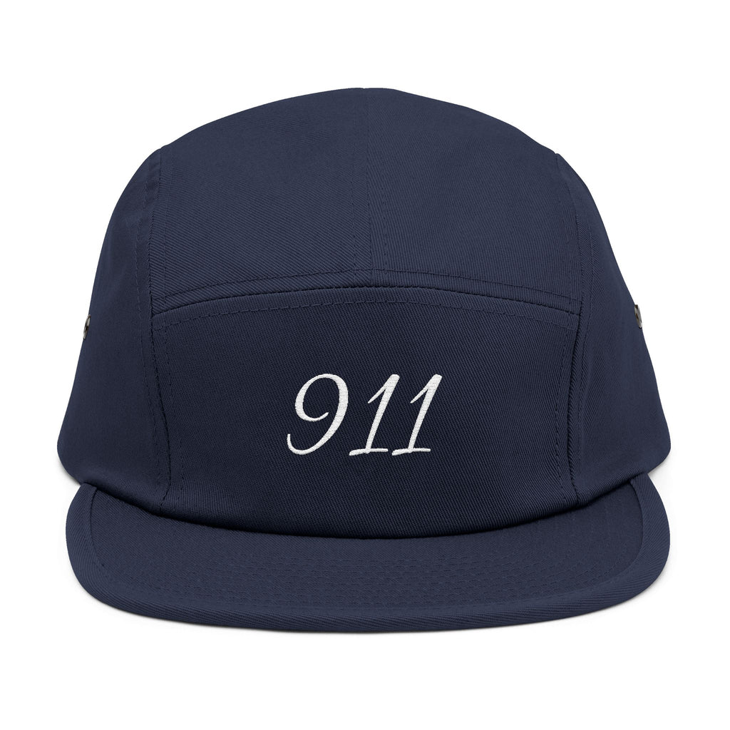 Embroidered 911 5-Panel Cap — Vintage Khaki Dad Hat with Script Back
